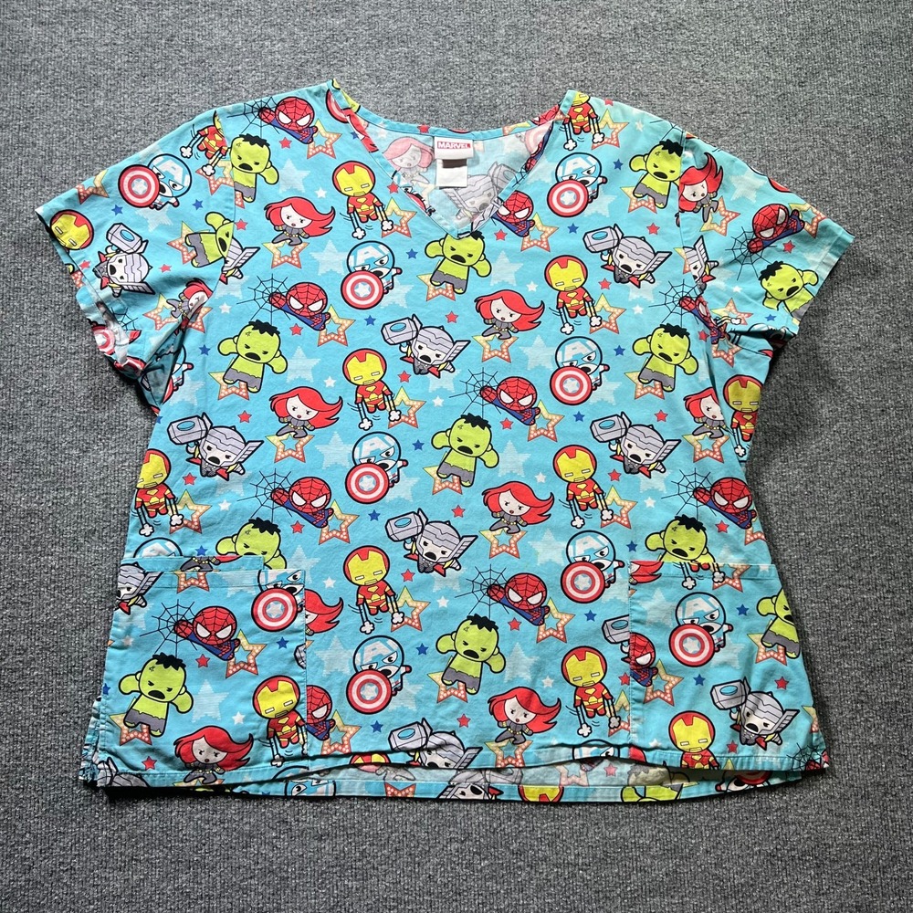 Marvel Avengers Scrub Top Womens 2XL Light Blue Chibi Superheroes Nurse Medical